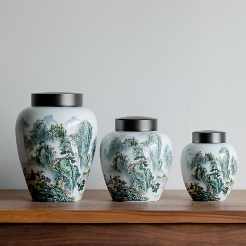 江山如故锡盖陶瓷密封罐茶叶罐一斤装储物罐存茶罐一罐多用