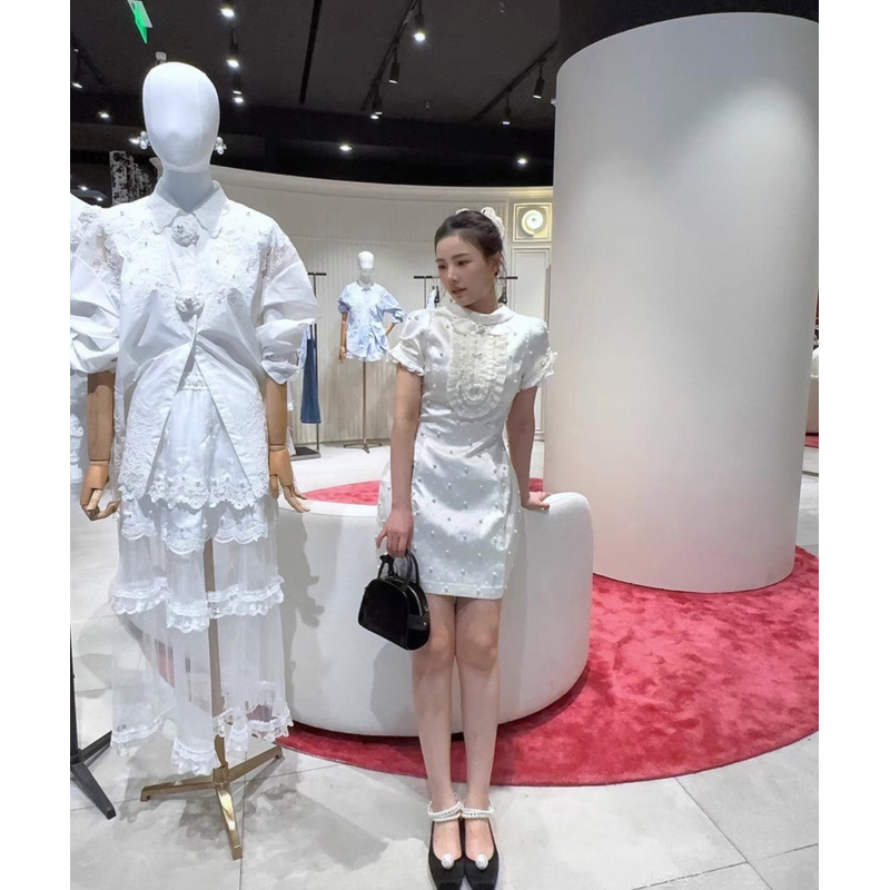 LIULIU 韩式千金宫廷风白色波点珍珠短袖珠光缎面气质连衣裙25夏