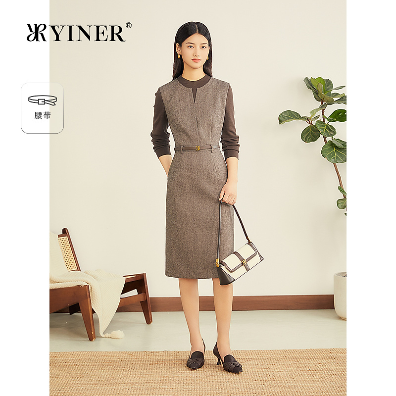 YINER音儿专选2025秋季新款法式羊毛混纺针织拼接假两件连衣裙