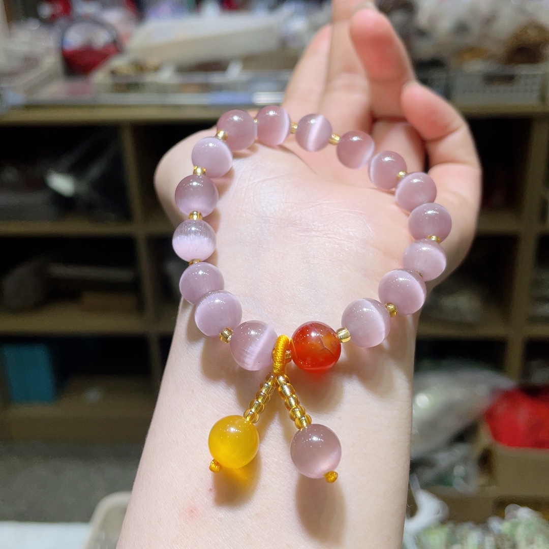 非金属仿水晶手链 粉色猫眼石手串DIY设计手链