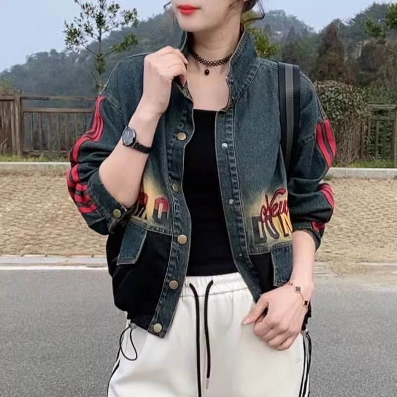 立领复古牛仔外套2025春季新款时尚条纹印花减龄百搭显瘦短款上衣