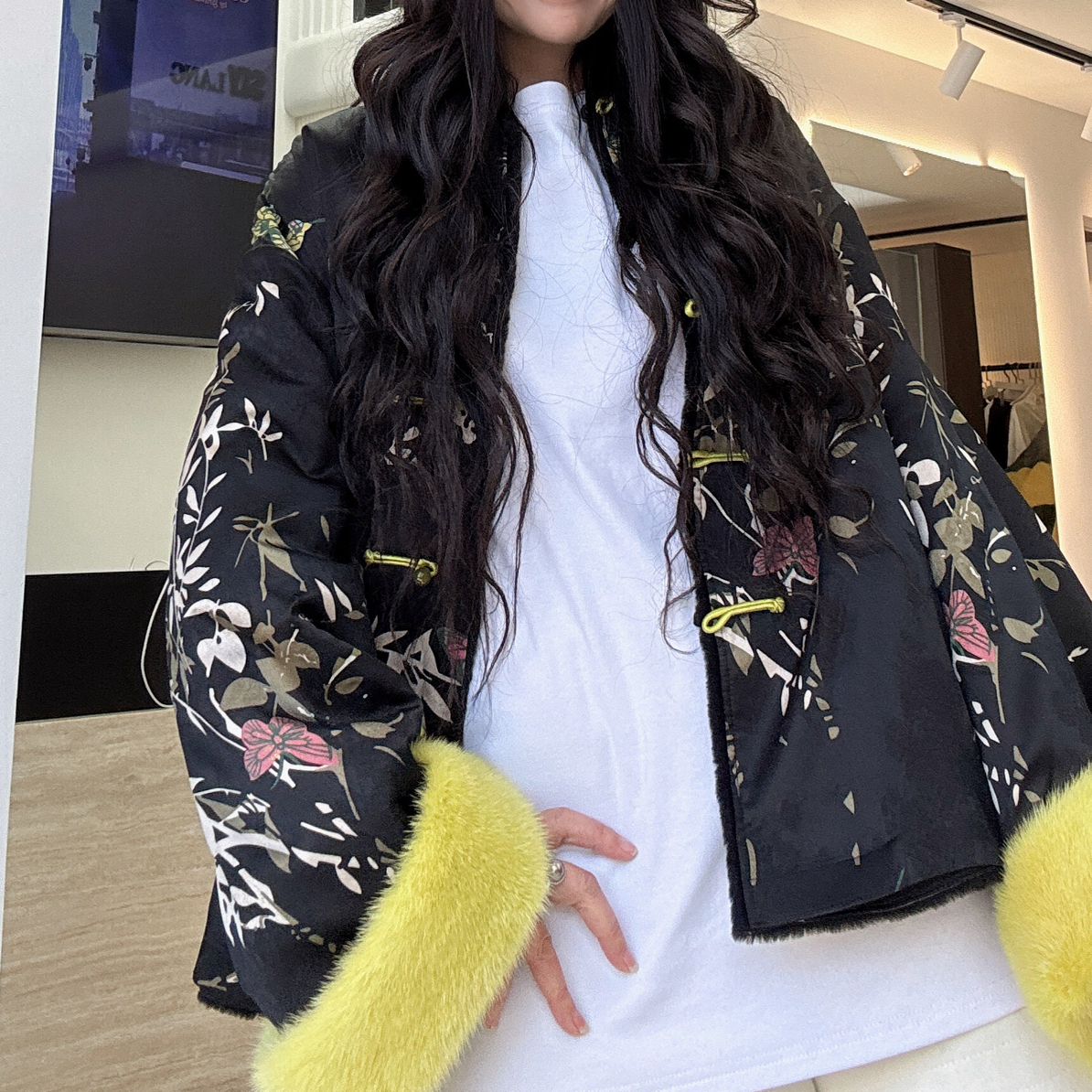 【周周家】印花新中式中式拼水貂皮毛一体两面穿气质外套