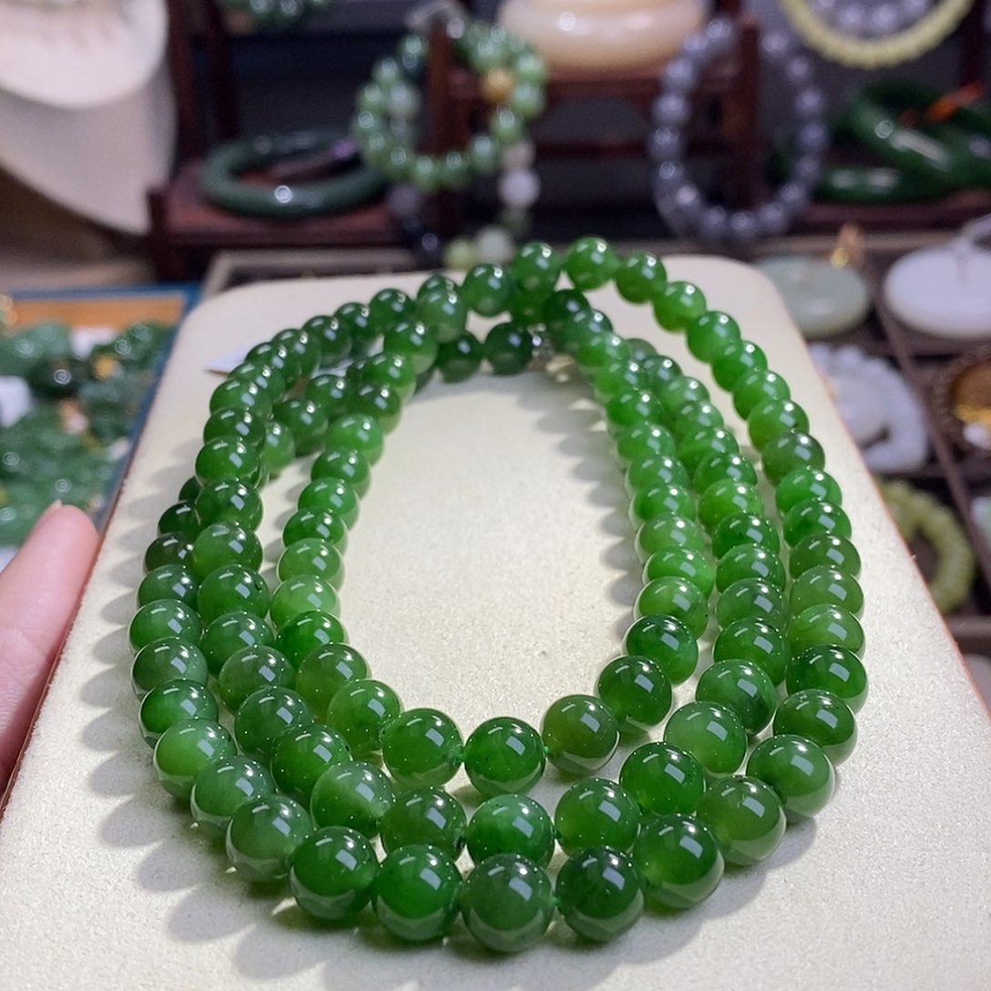 和田玉碧玉银镶108项链8MM未镶嵌