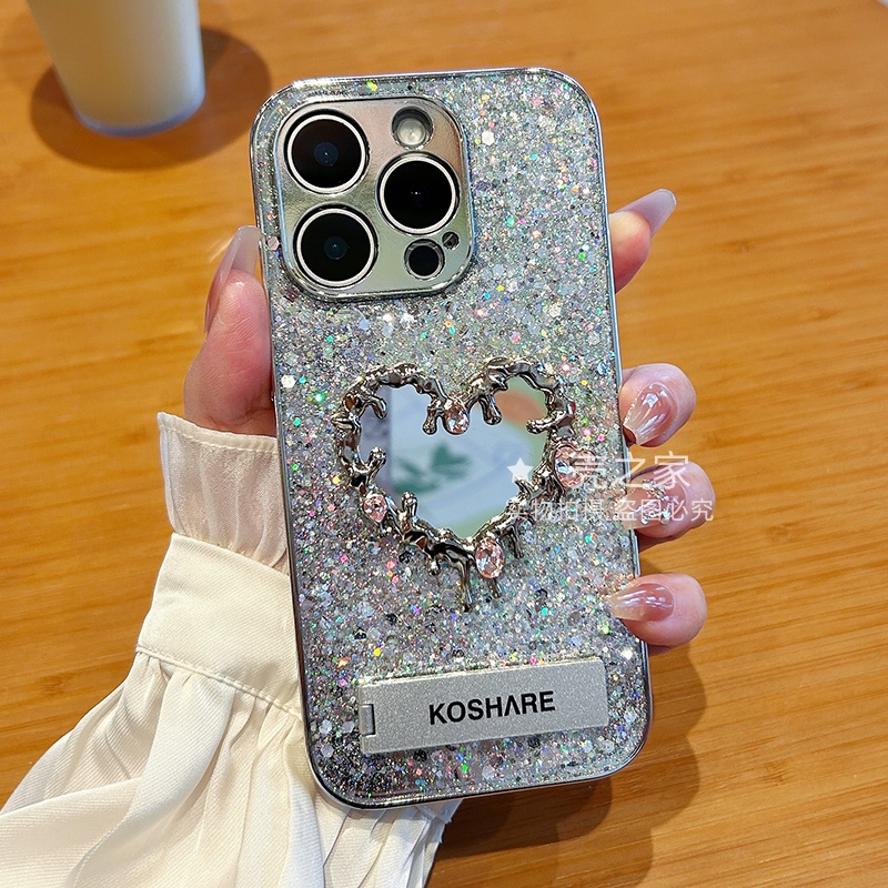 爱心镜子支架适用苹果华为vivo荣耀oppo小米手机壳电镀滴胶女新款