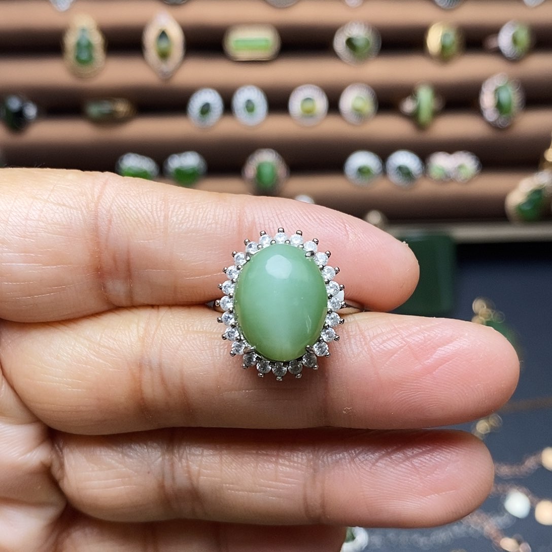 吊坠(不含链)银S925镶嵌和田玉（碧玉）戒指