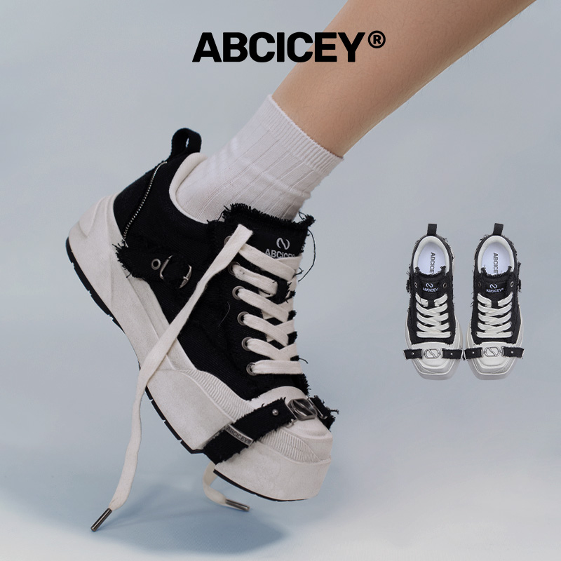 ABCICEY【引力系列黑】新品帆布鞋黑色绑带鞋低帮厚底鞋增高夏季