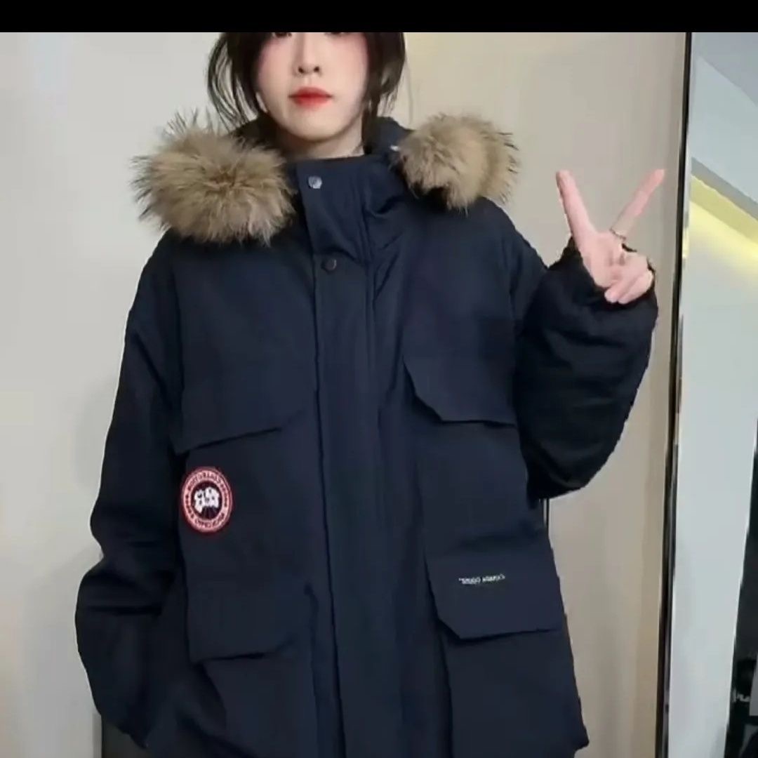 大I鹅08款冬季大码全身毛毛中长款派克服大衣加厚东北情侣工装衣