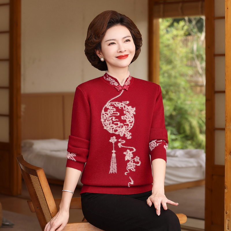 中老年毛衣女秋冬加绒保暖舒适时尚妈妈装减龄显瘦冬季打底针织衫