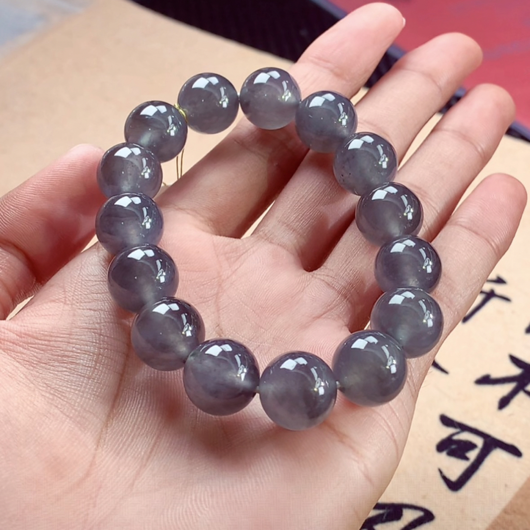 玻璃种黑冰起刚胶天然缅甸A货翡翠手串卡13.8mm支持全国送货上门