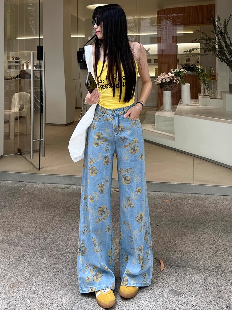 2025新款小清新蓝色印花牛仔裤慵懒穿搭时尚百搭高腰直筒窄版裤
