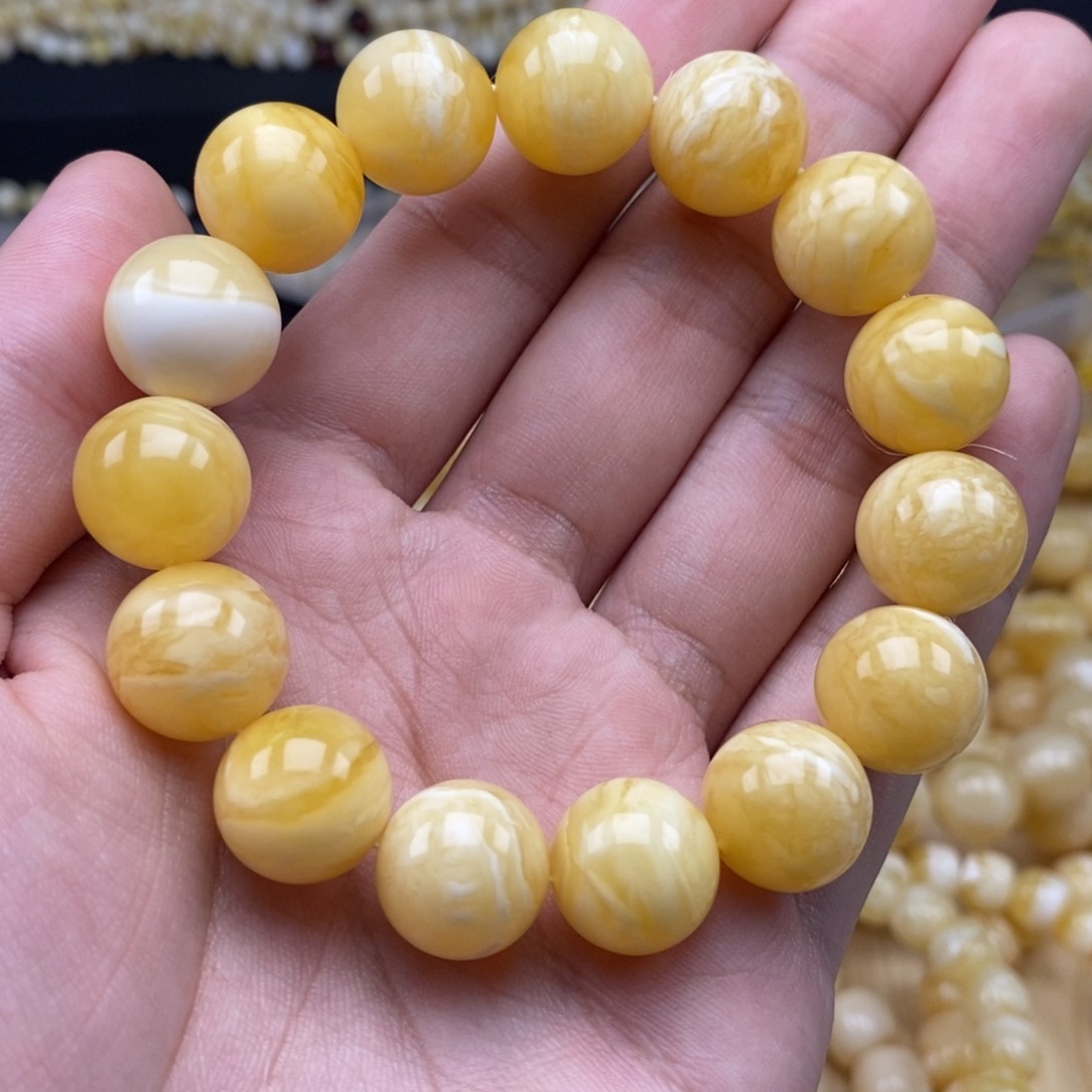 琥珀裸石未镶嵌一****～14+俄料脓蜡虎皮纹圆珠手串