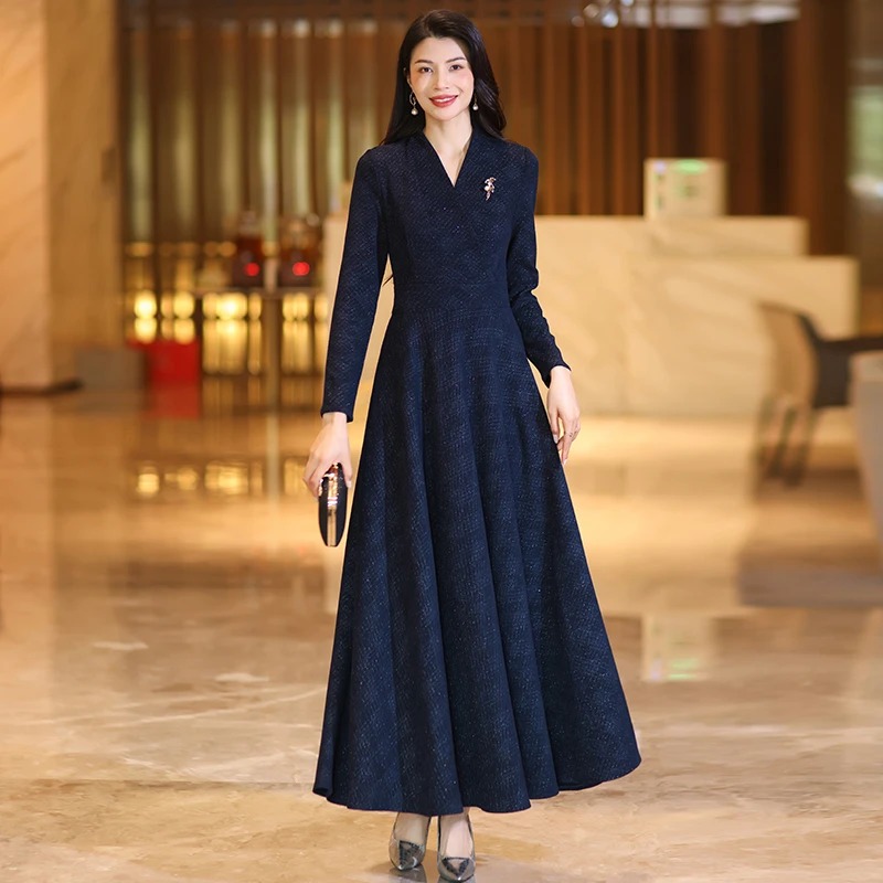 藏蓝色格子长袖长款设计感到脚踝提花修身气质大摆收腰显瘦连衣裙