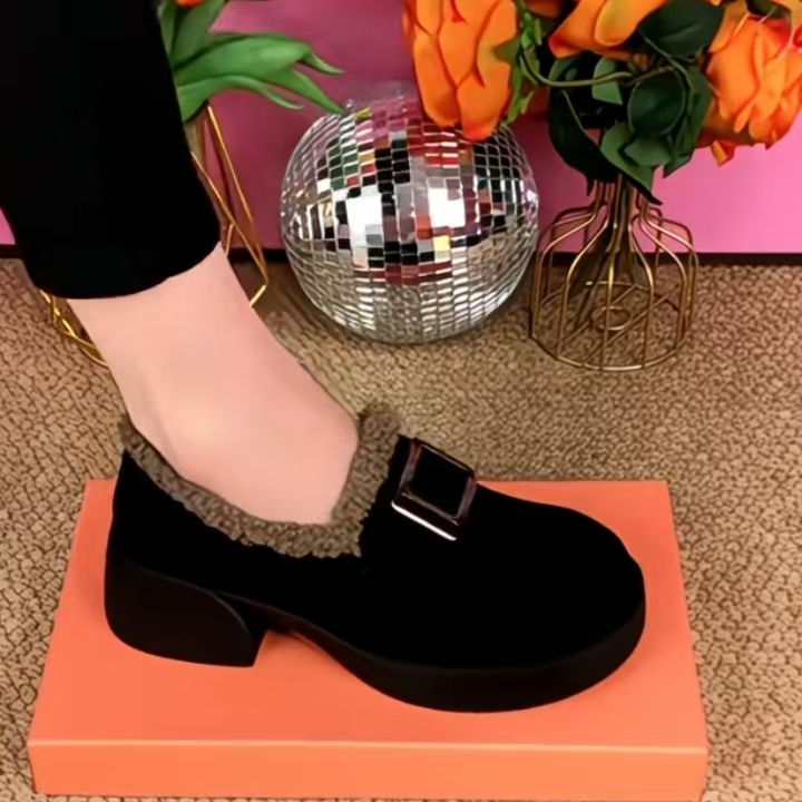 软皮深口时尚单鞋女秋冬新款加绒保暖舒适乐福鞋防水台磨砂皮女鞋