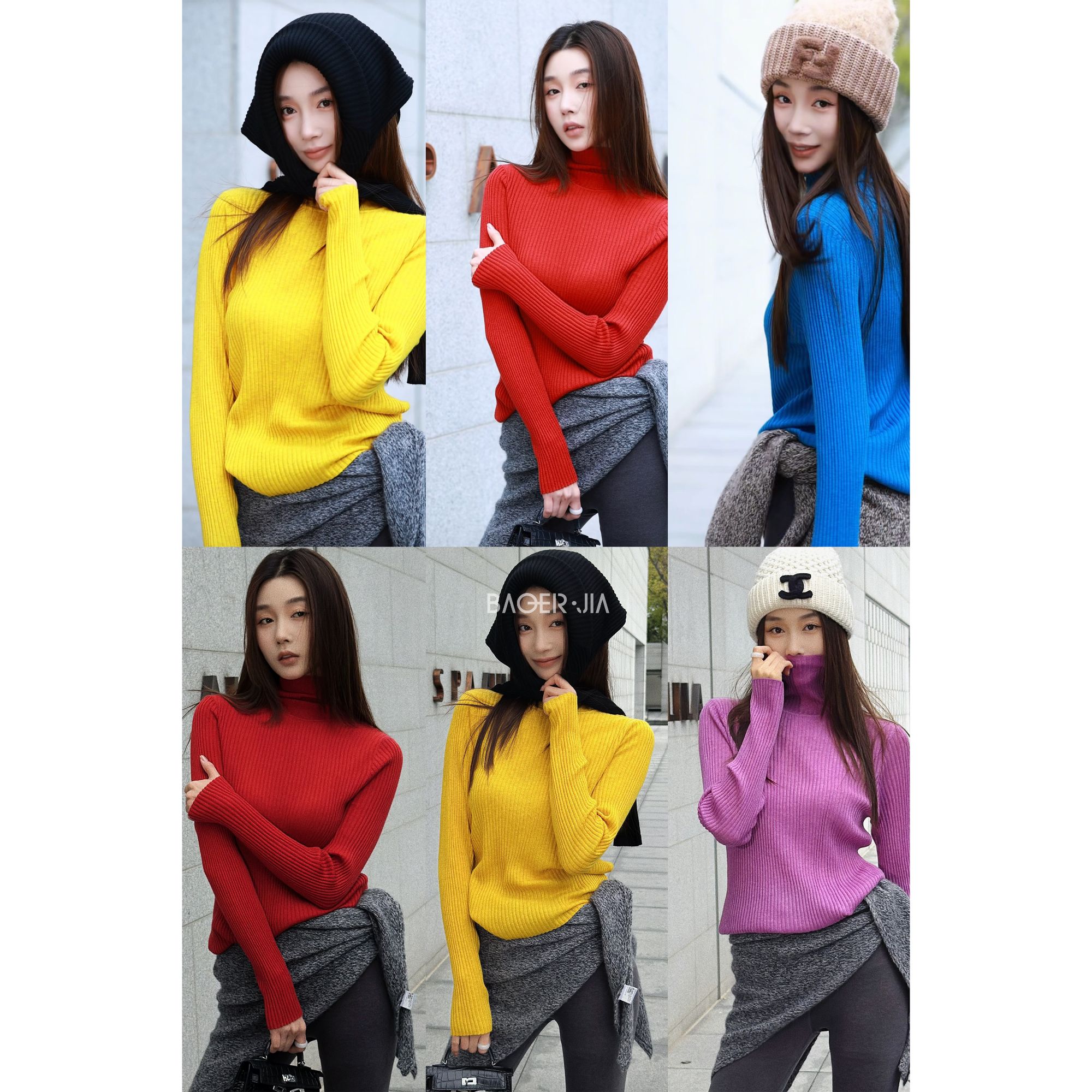 32-宝儿家含幂BV111825410冬季款高领立领细坑条纹绵羊毛针织上衣