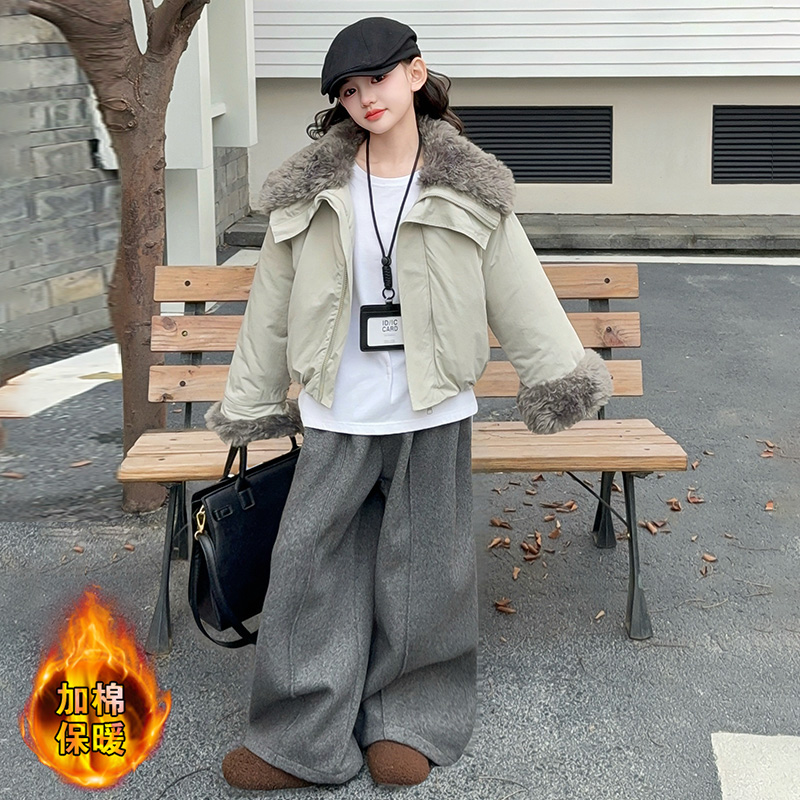 【嘻嘻柚】女童大毛领派克服棉衣2025冬季时尚加绒加厚翻领工装外套