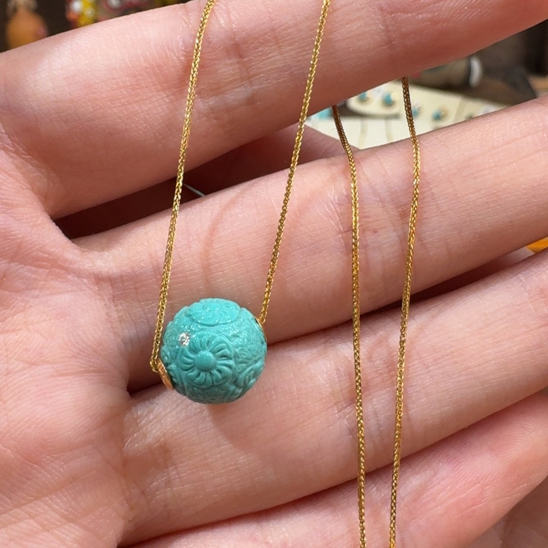 幸***肉18K金镶嵌绿松石项链