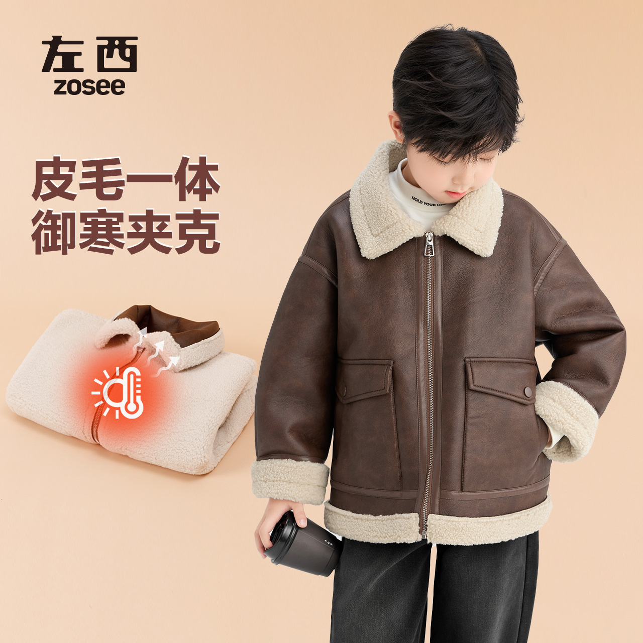 【冬日暖咖】左西童装男童加绒加厚外套保暖皮衣秋冬2025新款夹克