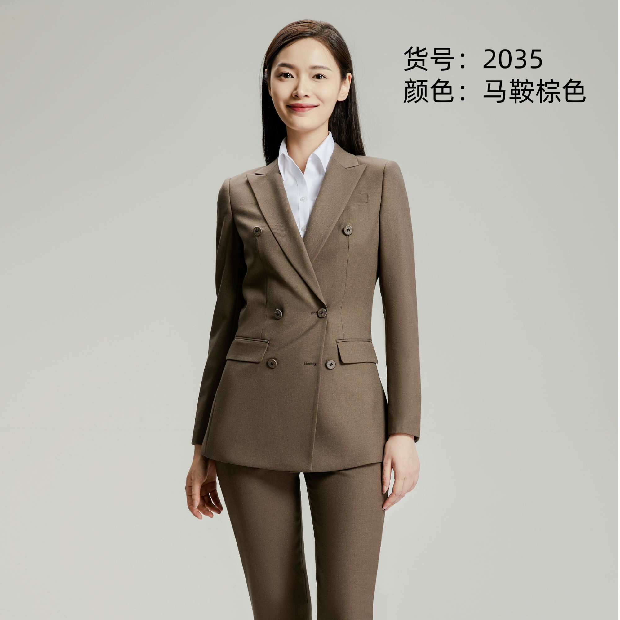 A2035马鞍棕色双排西服套装春秋气质通勤商务时尚上班