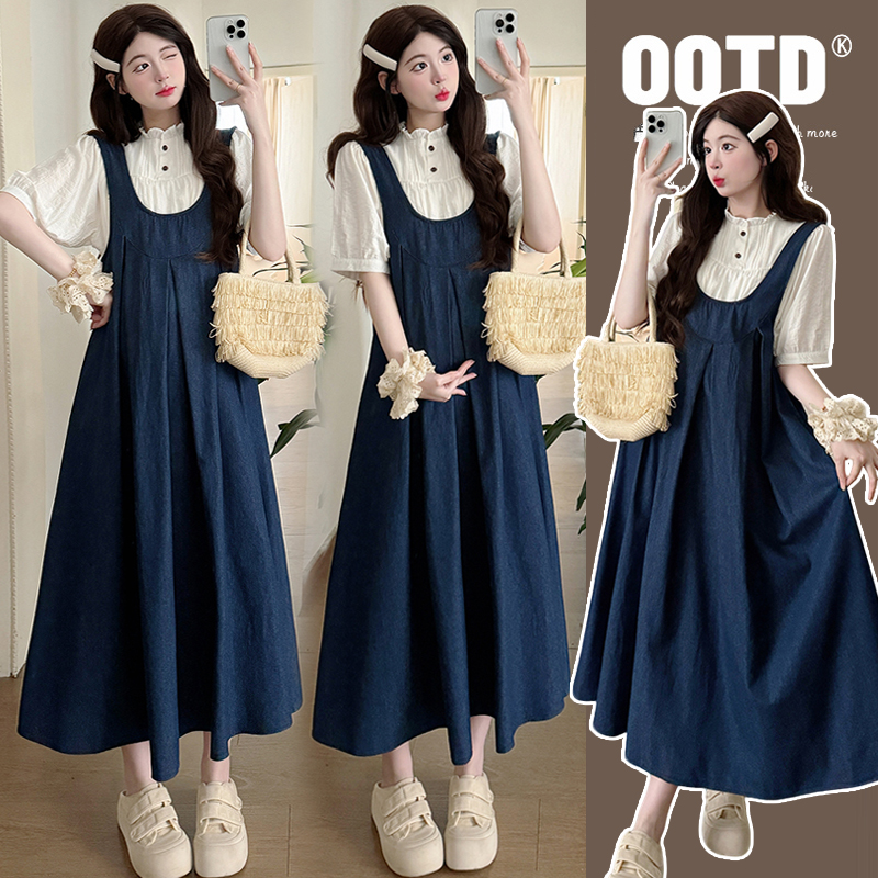 【安安】孕妇装夏季短袖上衣+背带裙韩版时尚款减龄孕妇连衣裙夏装