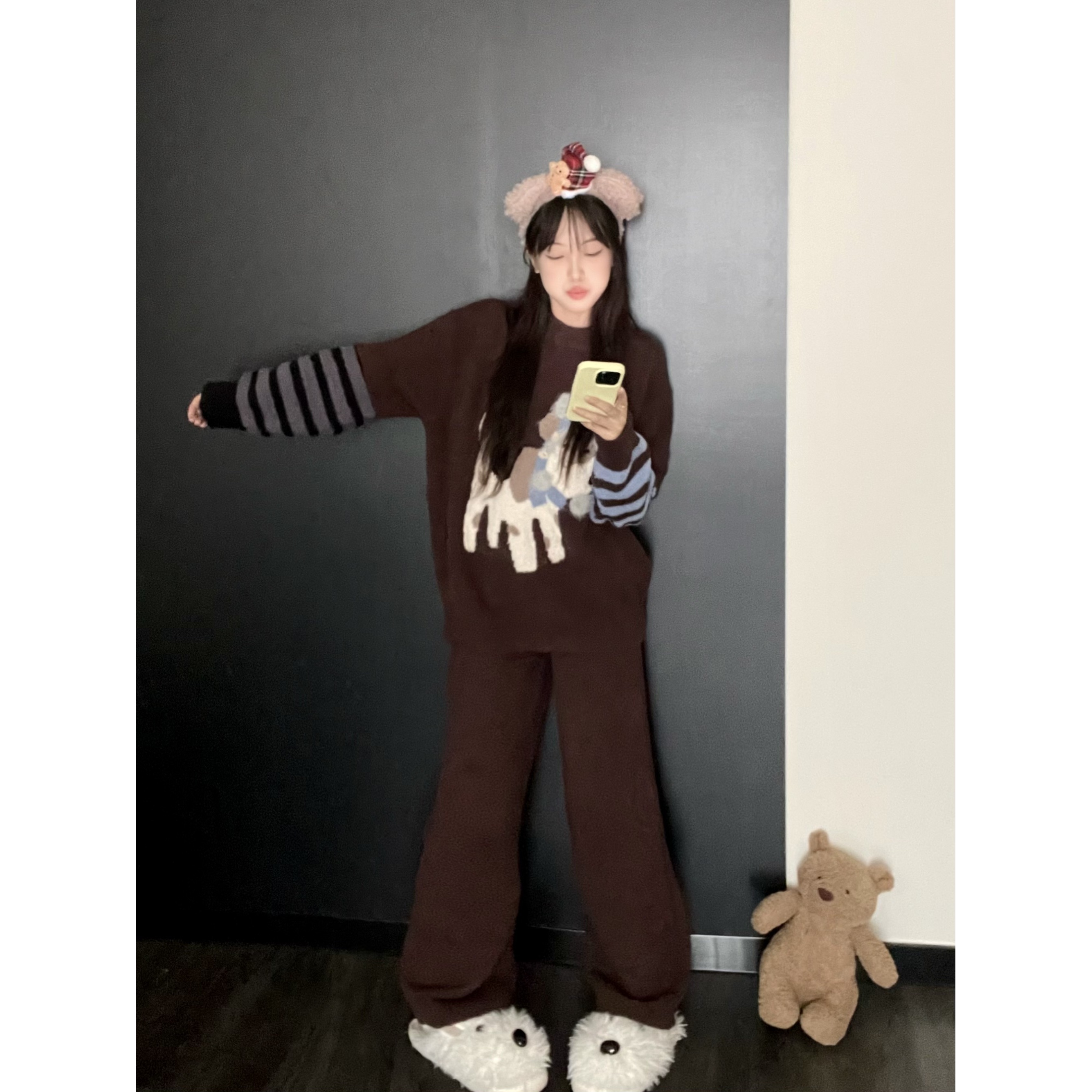 甜美简约卡通撞色条纹睡衣女秋冬季新款半边绒加绒加厚家居服套装