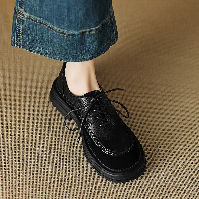 增高4cm羊皮真皮圆头英伦风休闲百搭系带小皮鞋乐福鞋厚底单鞋女