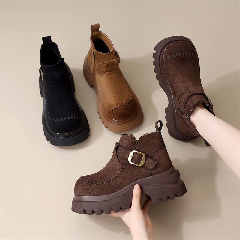 勃肯马丁靴女加绒秋季新款时尚百搭复古厚底增高洋气松糕短靴低帮