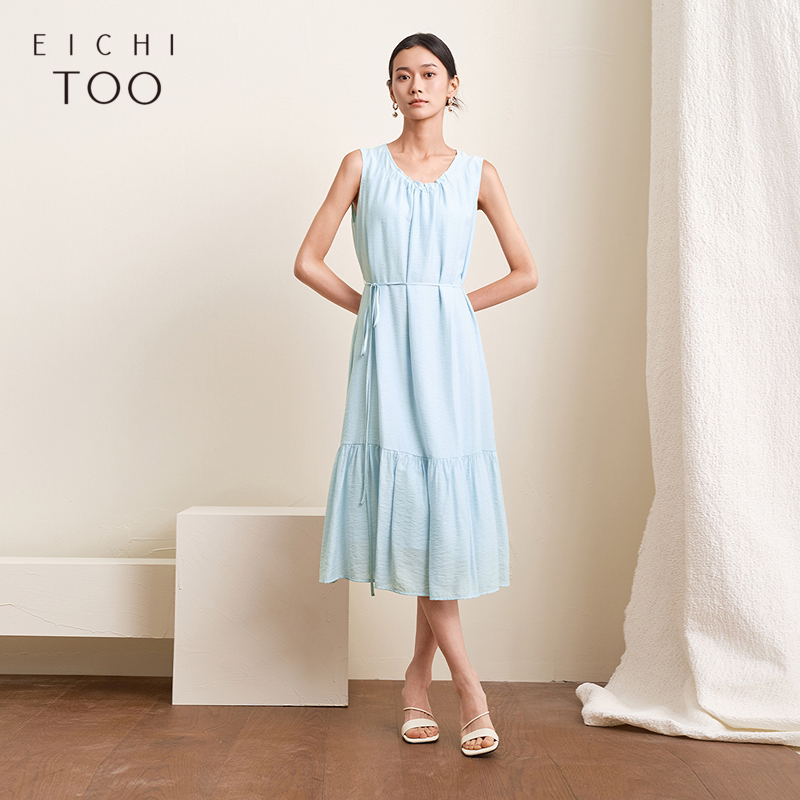 夏季法式透气薄荷曼波风收腰显瘦度假风中长连衣裙