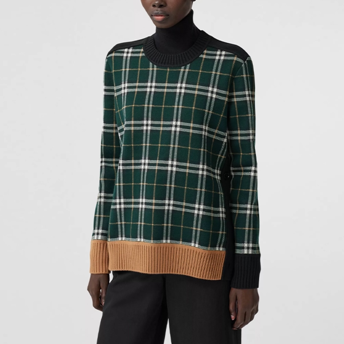 6032/Burberry 深绿色拼色格纹提花羊毛衫针织衫/S码/98新