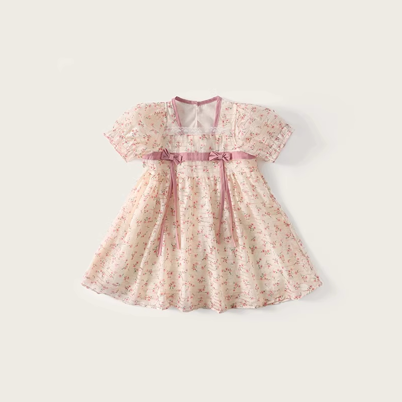 C33（汤圆童装）夏季洋气甜美蝴蝶结碎花新中式汉服连衣裙