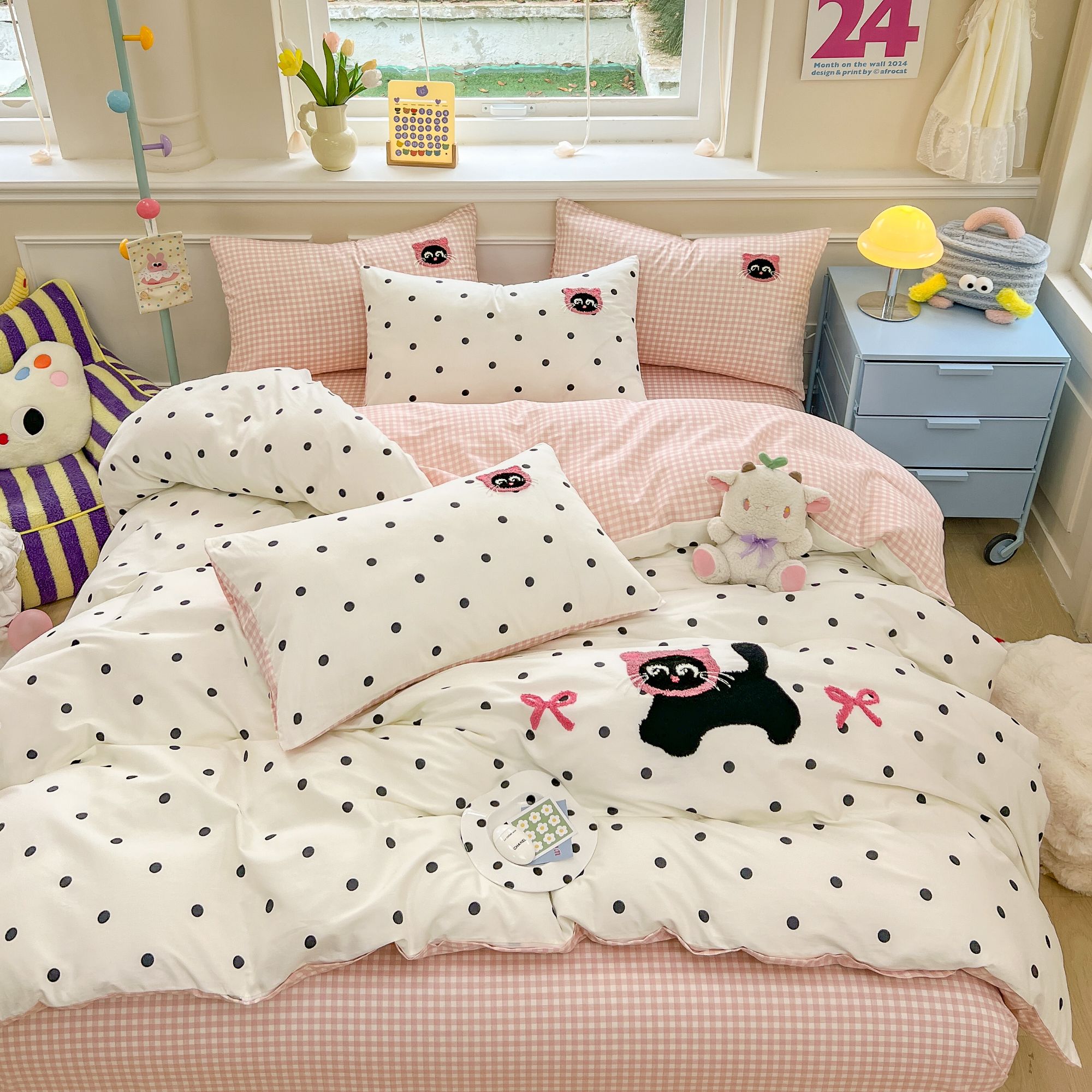 美玲 点点猫 纯棉刺绣三件套四件套设计师款小清新宿舍针织可爱