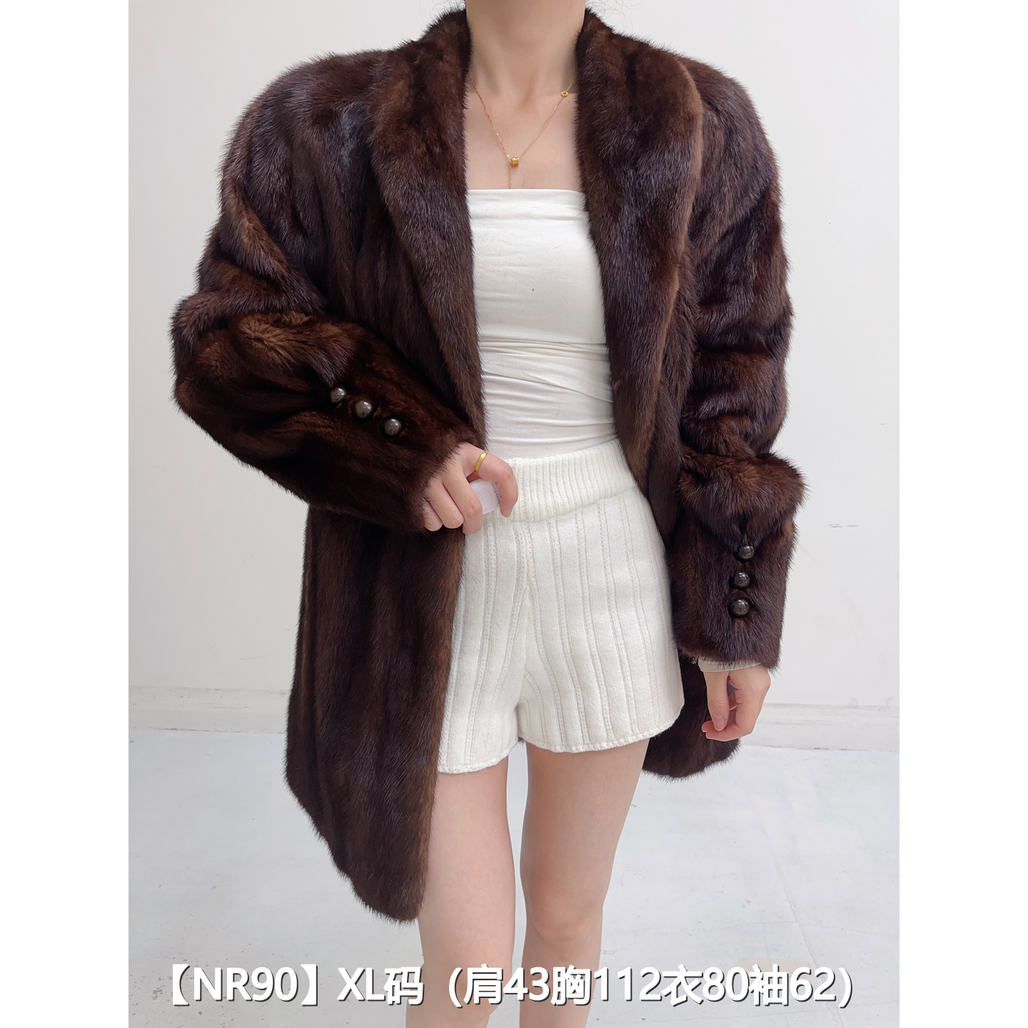 【NR90】XL 焦糖棕中长款全抽水貂毛外套女 青果领泡泡袖 16090