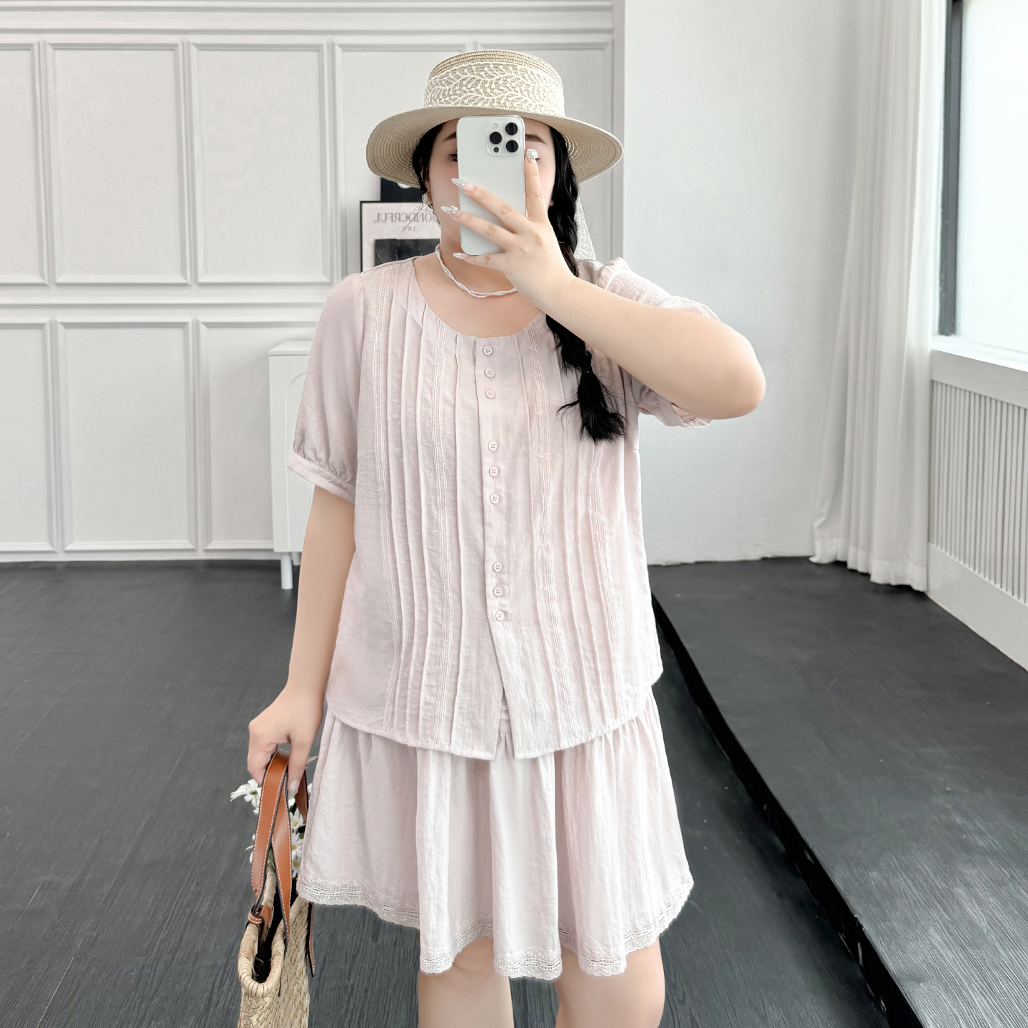 DX8059大码女装【法式绝美套装】肌理感蕾丝短袖衬衫/半身裙两件套