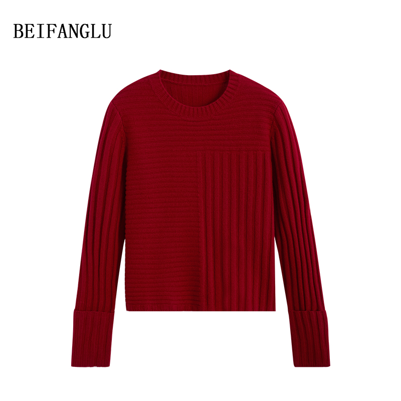 北方鹿 新款毛衣明星同款穿搭 绵羊毛坑条圆领套头针织衫8035