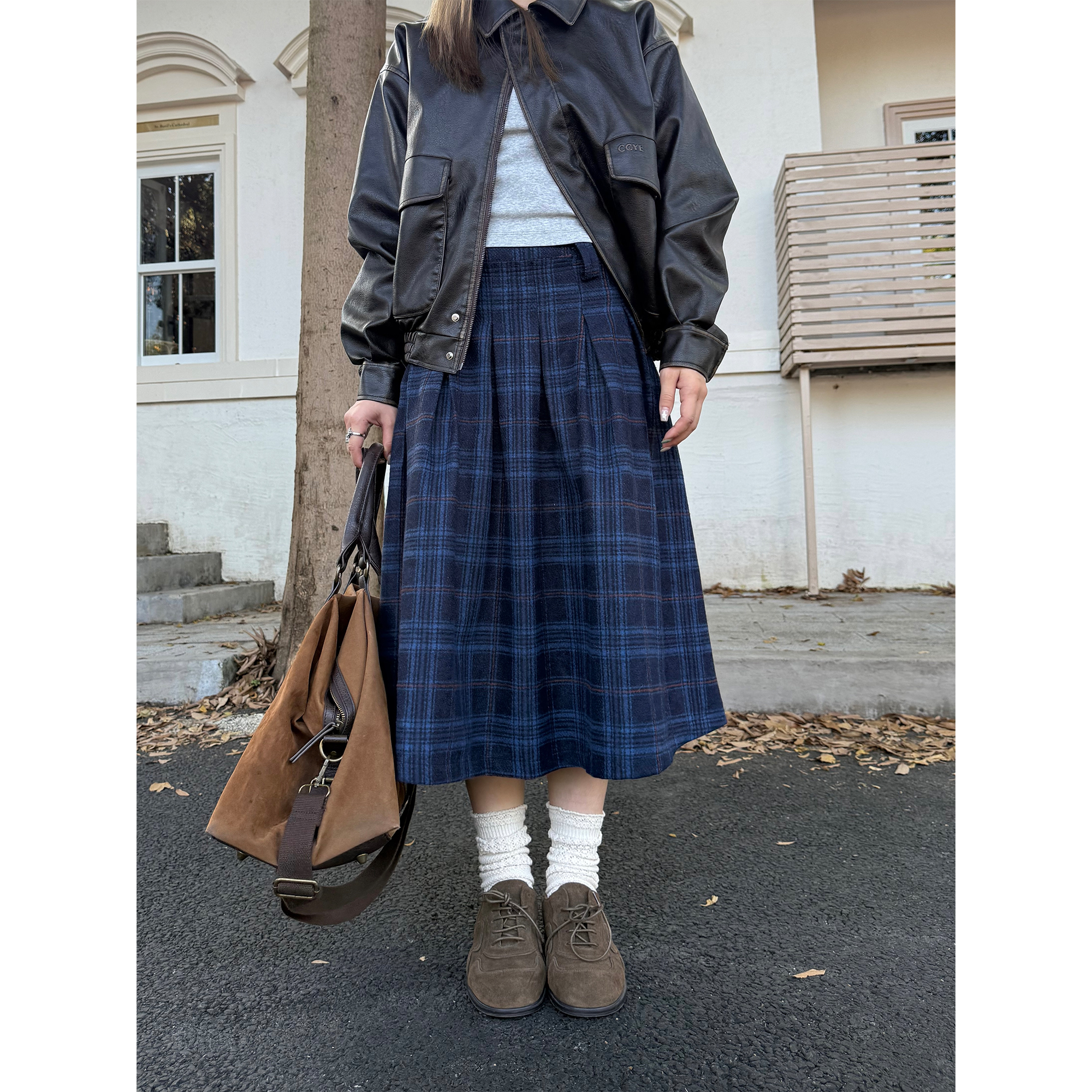 川川也家美式复古毛呢格子半身裙遮肉长裙休闲复古ins裙子秋冬