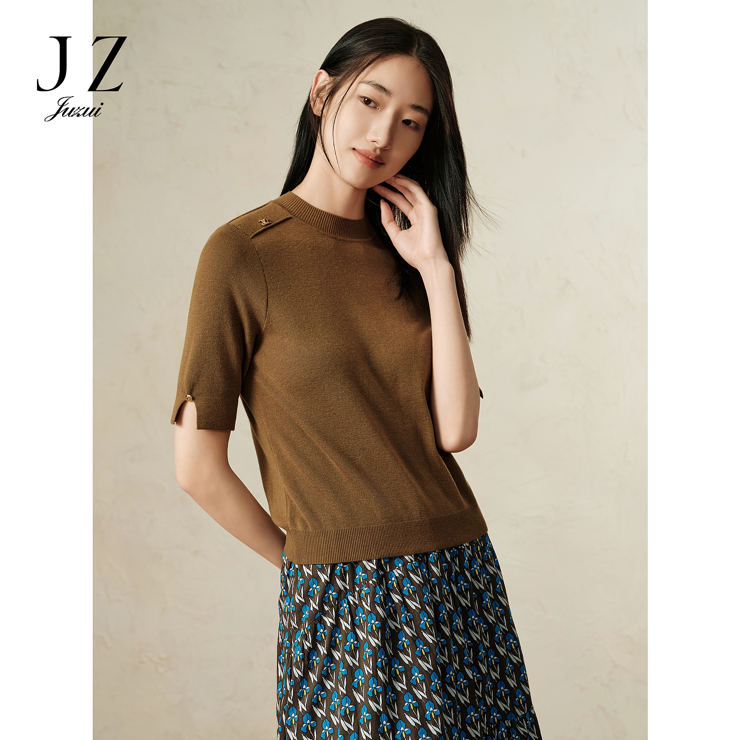 【尚雅专属】商场同款JZ玖姿JWEQ31207摩登羊毛短袖针织衫女秋季