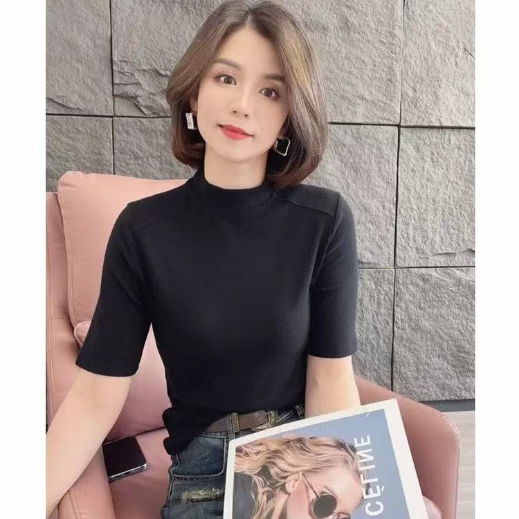 2025早秋新款简约休闲女士百搭修身显瘦半高领中袖打底衫