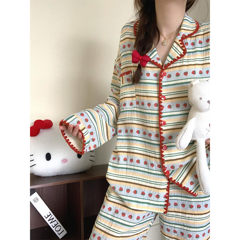 韩系甜美少女草莓条纹睡衣女士春秋季长袖长裤家居服2025新款套装
