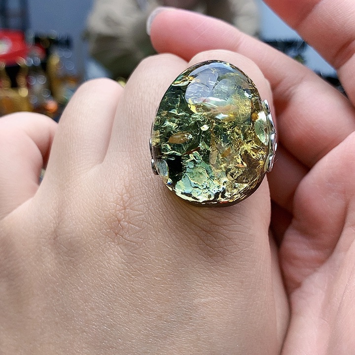 琥珀裸石银S925镶嵌戒指