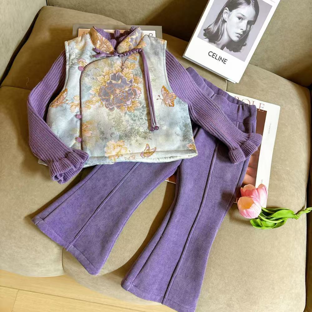 女童紫色马甲2025秋冬季新国风新中式女宝宝背心裤子中式儿童套装