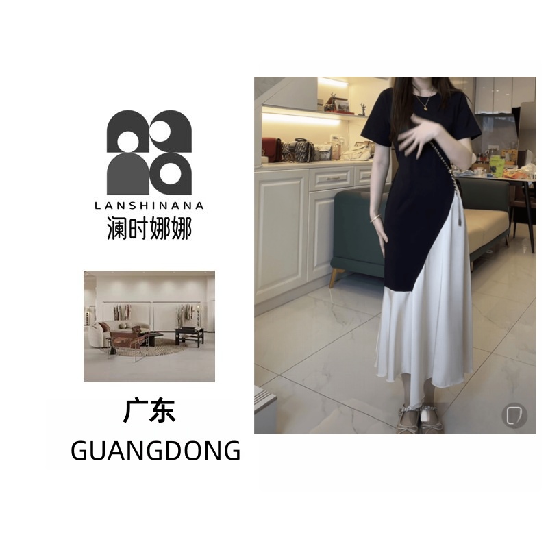 （Lsnn门店仓）大码撞色拼接t恤连衣裙女夏季新款胖mm宽松显瘦裙子