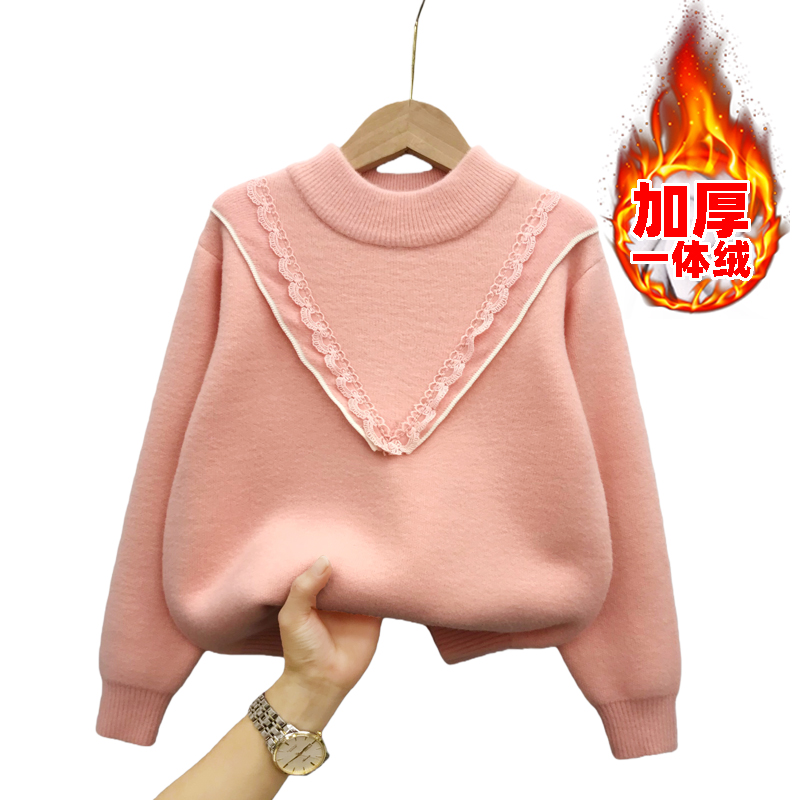女童加厚洋气毛衣圆领套头条纹秋冬中大童刺绣小熊针织衫韩国绒