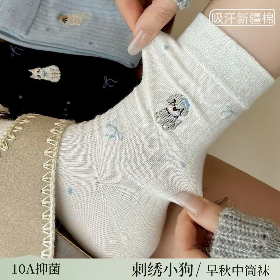 小狗刺绣灰色袜子女中筒袜ins潮春秋款日系卡通可爱堆堆长袜L
