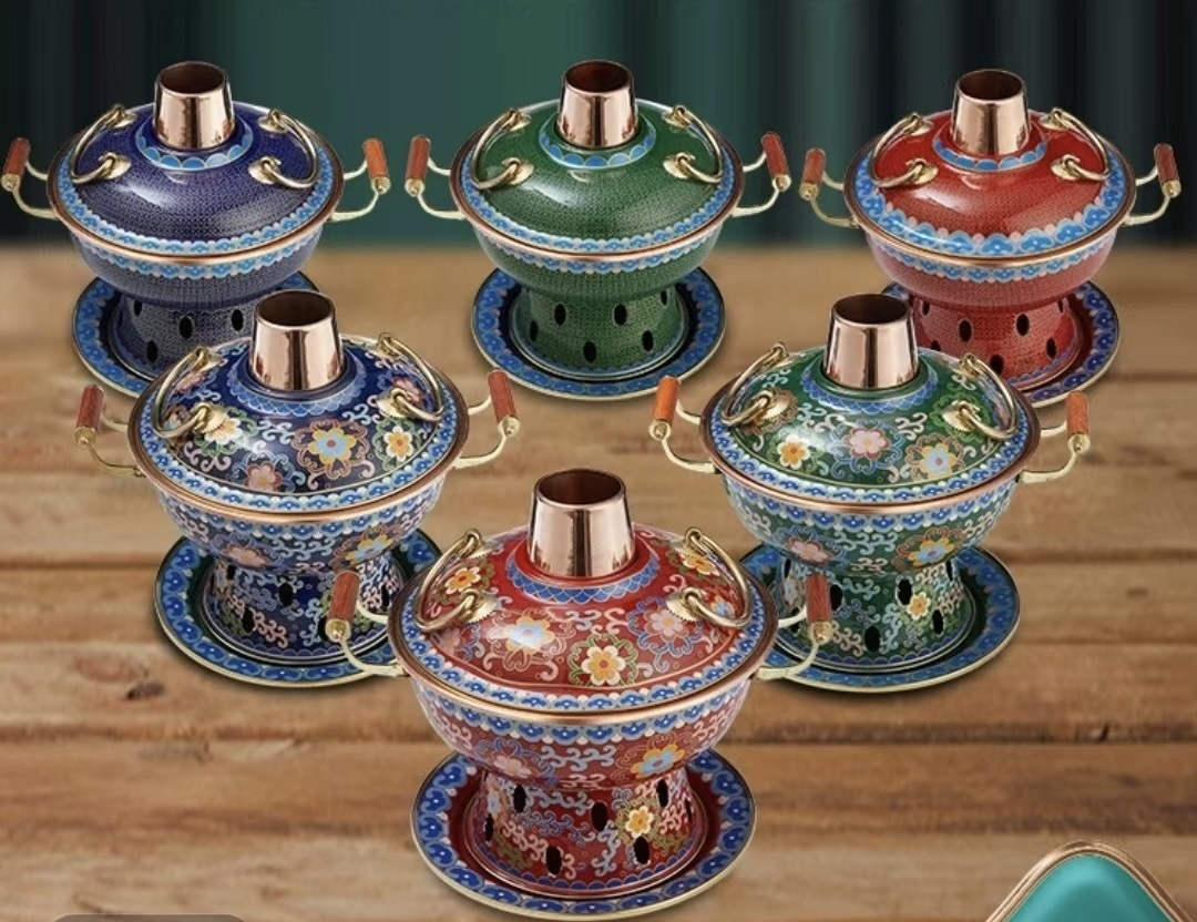 珐琅彩单人双人小火锅铜锅家用环保油植物油铜火锅直径20cm