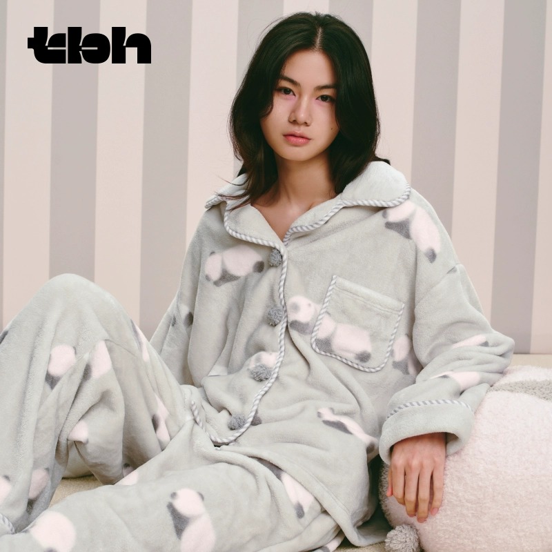 tbh/野兽派家居熊猫嘭嘭法兰绒家居服套装秋冬加厚可外穿睡衣女dr