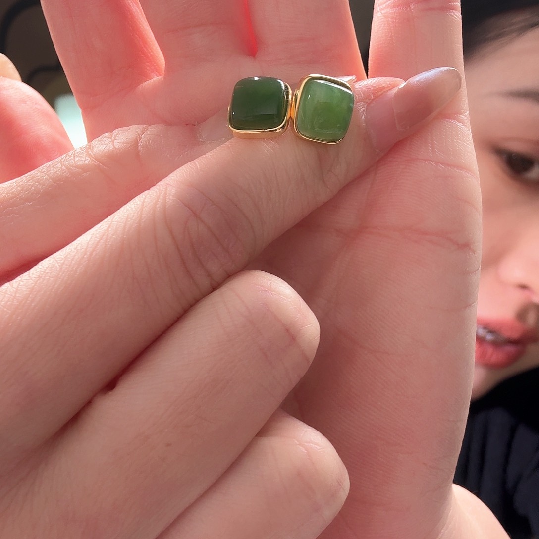 和田玉耳饰银S925镶嵌