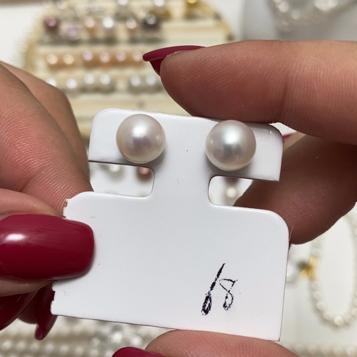 淡水珍珠银S925镶嵌白珍珠耳钉8m+