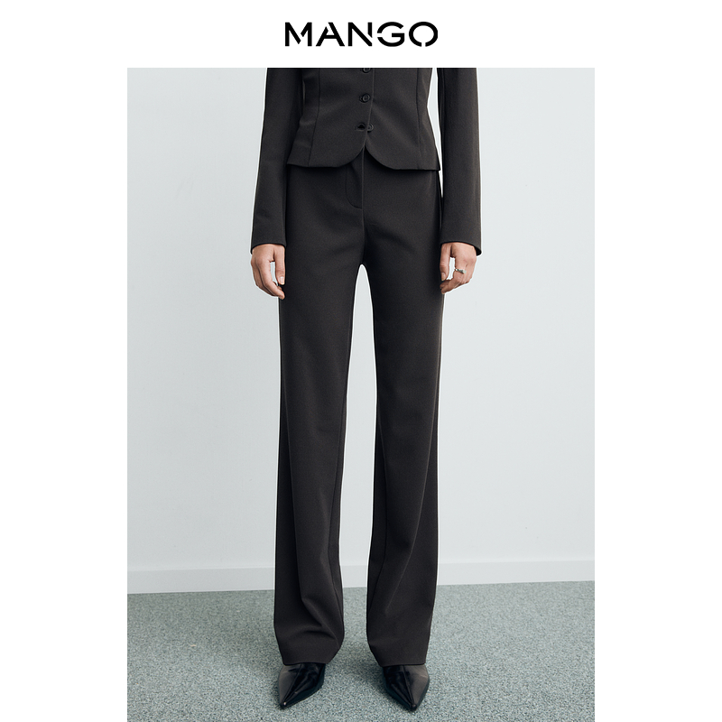 MANGO女装裤子2025秋装新款通勤职场中腰简约窄版直筒拖地西装裤