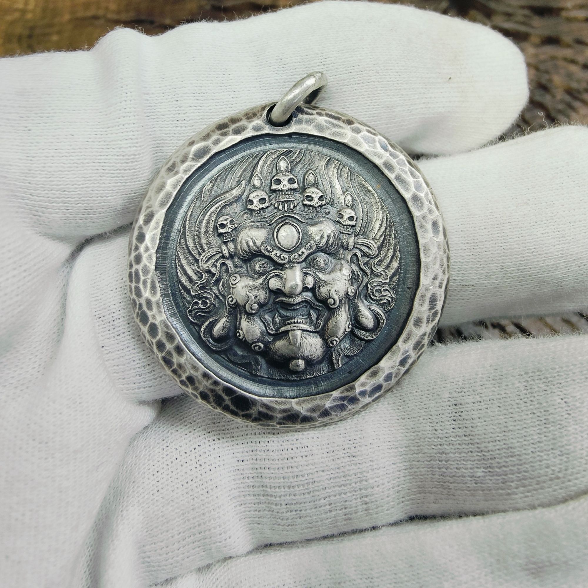 足银银制品 大黑天圆牌吊坠礼物手工挂坠