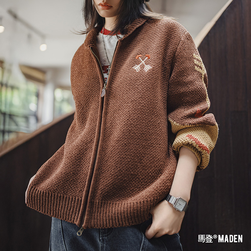 马登印第安复古咖色加厚针织双头拉链翻领刺绣毛衣开衫外套秋冬女