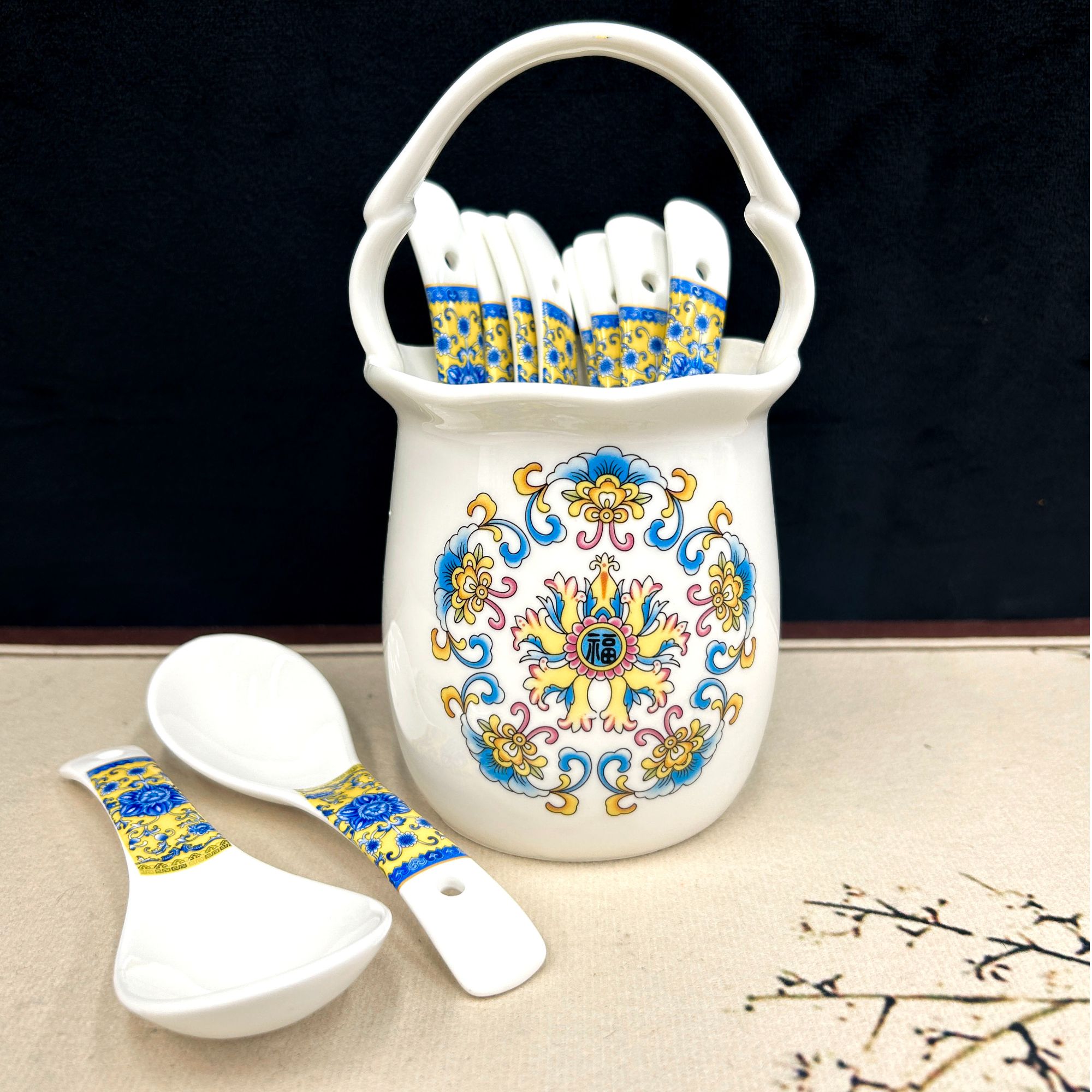 景德镇陶瓷-福字提篮筷子筒+10个青花缠枝莲小勺子